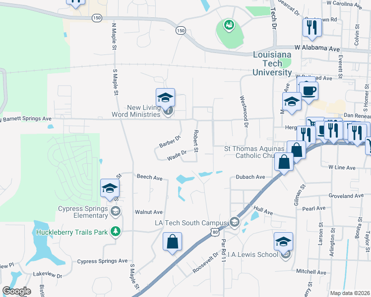 map of restaurants, bars, coffee shops, grocery stores, and more near 1702 Lind Drive in Ruston