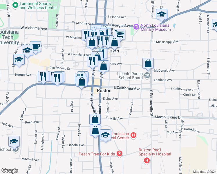 map of restaurants, bars, coffee shops, grocery stores, and more near 199 East California Avenue in Ruston