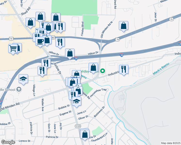 map of restaurants, bars, coffee shops, grocery stores, and more near 2680 Tulip Street in Bossier City