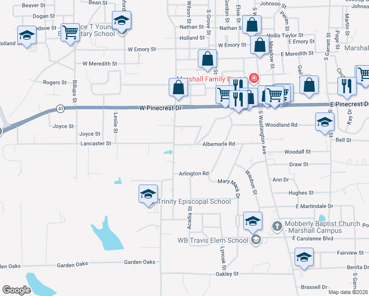 map of restaurants, bars, coffee shops, grocery stores, and more near 2502 Rosborough Springs Road in Marshall