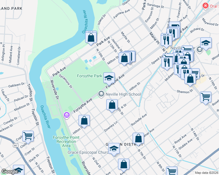 map of restaurants, bars, coffee shops, grocery stores, and more near 600 Forsythe Avenue in Monroe