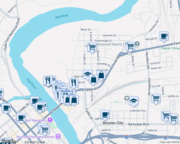 map of restaurants, bars, coffee shops, grocery stores, and more near 1099 E 3rd St in Bossier City