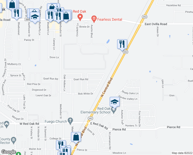 map of restaurants, bars, coffee shops, grocery stores, and more near 315 Quail Run Road in Red Oak