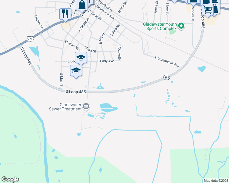 map of restaurants, bars, coffee shops, grocery stores, and more near South Loop 485 in Gladewater