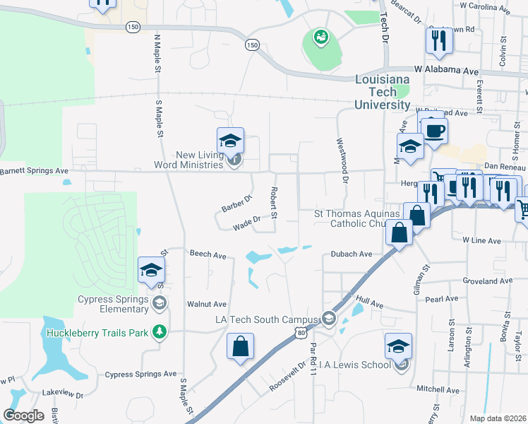 map of restaurants, bars, coffee shops, grocery stores, and more near 1702 Lind Drive in Ruston