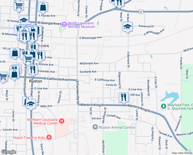 map of restaurants, bars, coffee shops, grocery stores, and more near 700-710 East California Avenue in Ruston