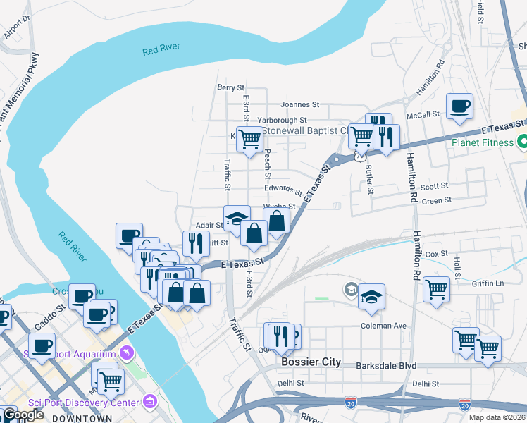 map of restaurants, bars, coffee shops, grocery stores, and more near 414 Adair Street in Bossier City