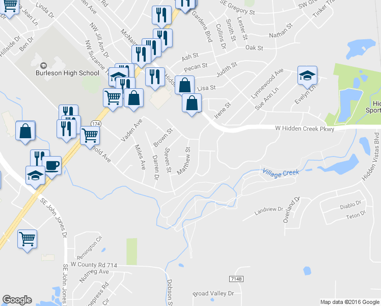 map of restaurants, bars, coffee shops, grocery stores, and more near 1017 Matthew Street in Burleson