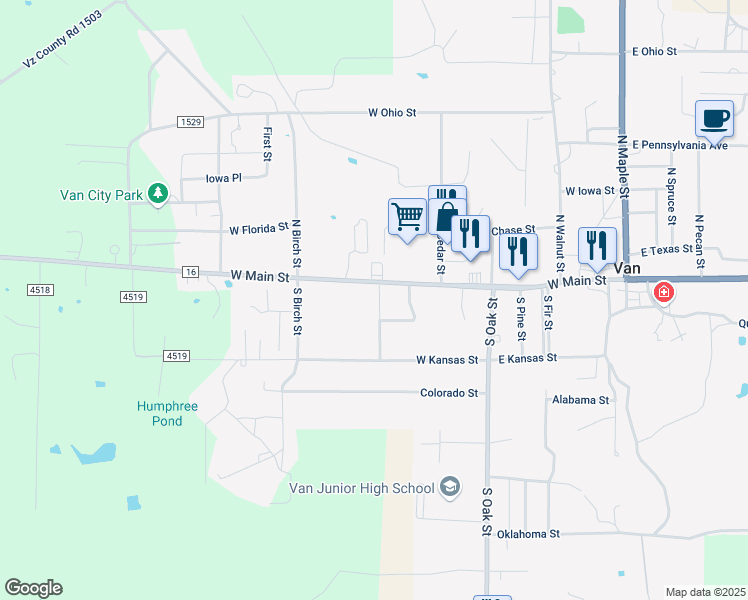 map of restaurants, bars, coffee shops, grocery stores, and more near 199 South Cherry Lane in Van