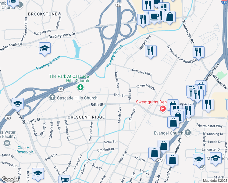 map of restaurants, bars, coffee shops, grocery stores, and more near 1023 55th Street in Columbus