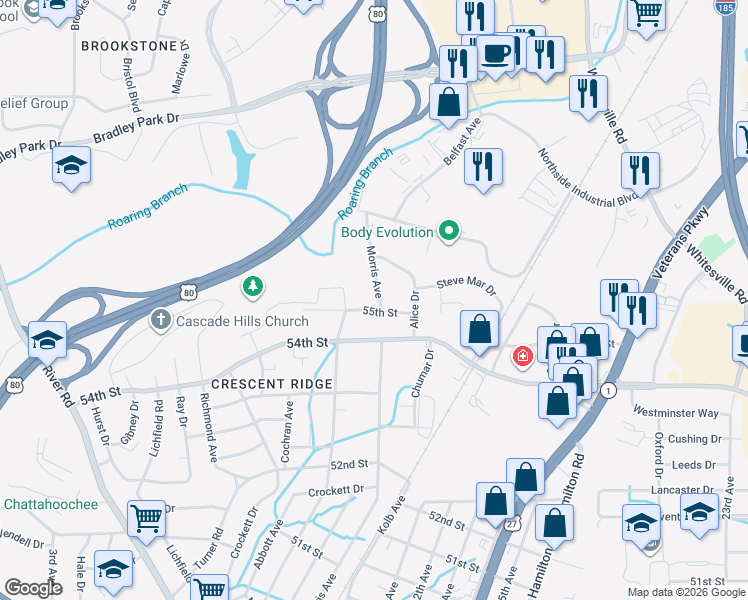 map of restaurants, bars, coffee shops, grocery stores, and more near 1032 55th Street in Columbus