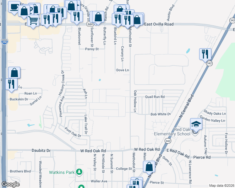map of restaurants, bars, coffee shops, grocery stores, and more near 131 Red Pine Drive in Red Oak