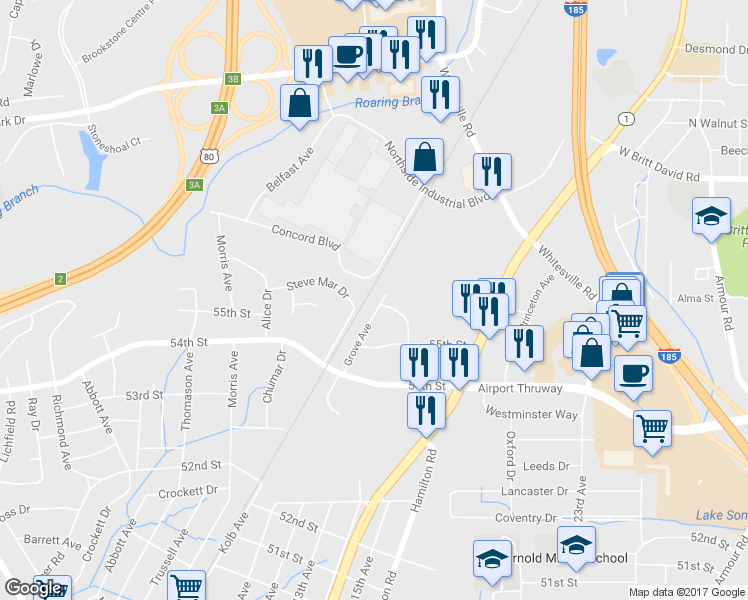 map of restaurants, bars, coffee shops, grocery stores, and more near 5604 Grove Avenue in Columbus