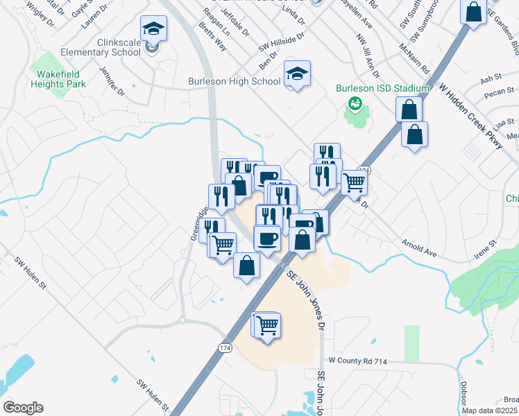 map of restaurants, bars, coffee shops, grocery stores, and more near 200 Northwest John Jones Drive in Burleson