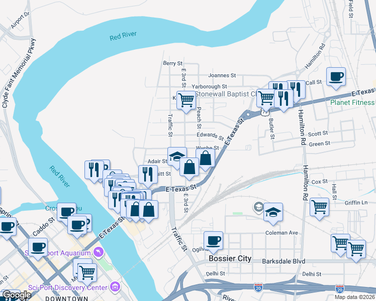 map of restaurants, bars, coffee shops, grocery stores, and more near 420 Edwards Street in Bossier City