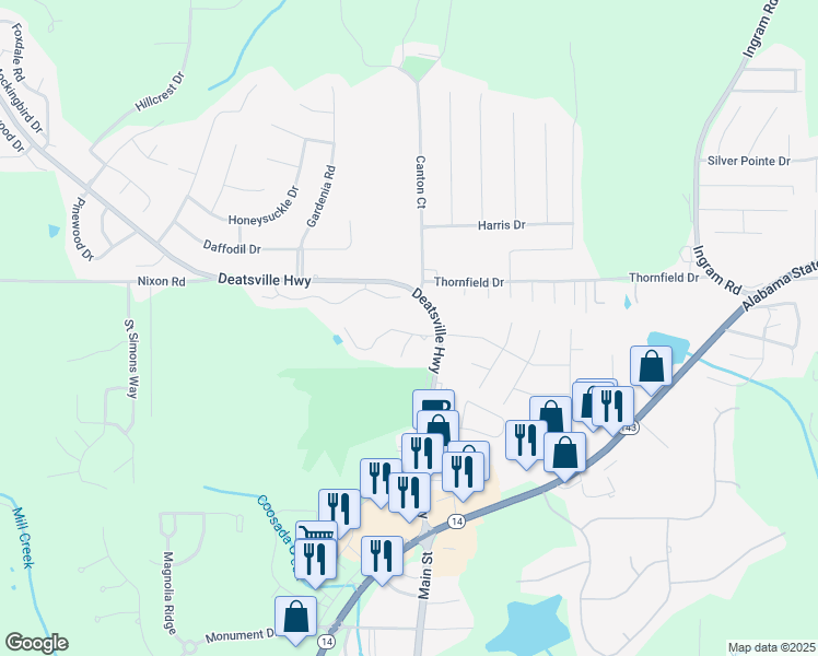 map of restaurants, bars, coffee shops, grocery stores, and more near 445 Deatsville Highway in Millbrook
