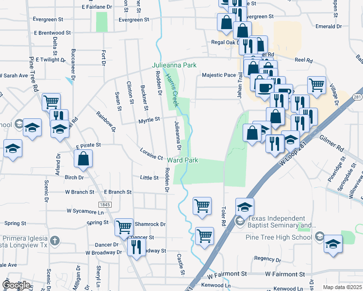 map of restaurants, bars, coffee shops, grocery stores, and more near 1708 Julieanna Drive in Longview