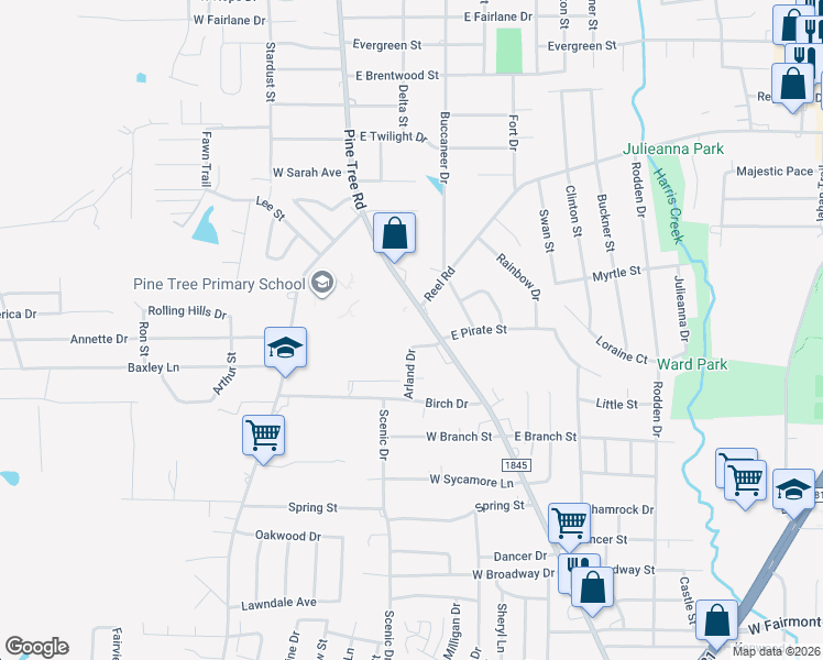 map of restaurants, bars, coffee shops, grocery stores, and more near 1701 Pine Tree Road in Longview