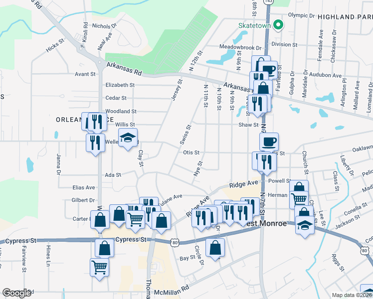 map of restaurants, bars, coffee shops, grocery stores, and more near 2506 Swiss St in West Monroe