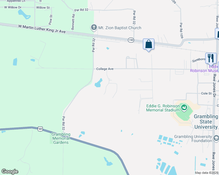 map of restaurants, bars, coffee shops, grocery stores, and more near 101-299 Woodland Springs Drive in Grambling