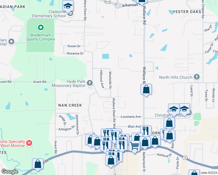 map of restaurants, bars, coffee shops, grocery stores, and more near 201 Westside Drive in West Monroe