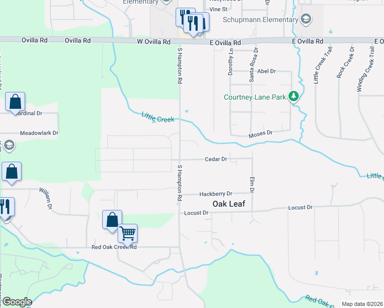 map of restaurants, bars, coffee shops, grocery stores, and more near 104 Pecan Lane in Red Oak