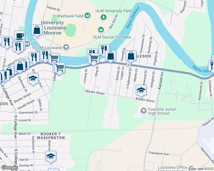 map of restaurants, bars, coffee shops, grocery stores, and more near 5312 Desiard St in Monroe