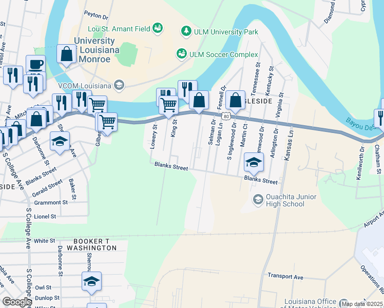 map of restaurants, bars, coffee shops, grocery stores, and more near 5312 Desiard St in Monroe