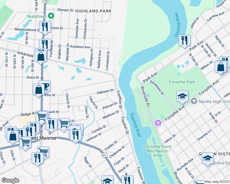 map of restaurants, bars, coffee shops, grocery stores, and more near 2401 Trenton Street in West Monroe