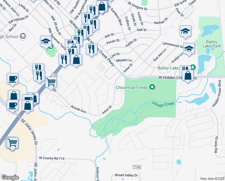 map of restaurants, bars, coffee shops, grocery stores, and more near 938 Irene Street in Burleson