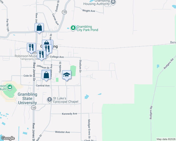 map of restaurants, bars, coffee shops, grocery stores, and more near 141 King Street in Grambling