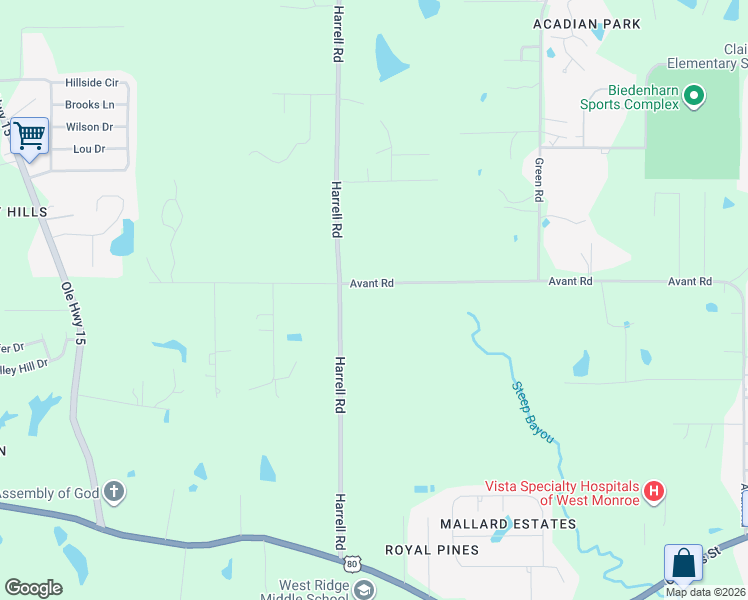 map of restaurants, bars, coffee shops, grocery stores, and more near 1200-1204 Avant Rd in West Monroe