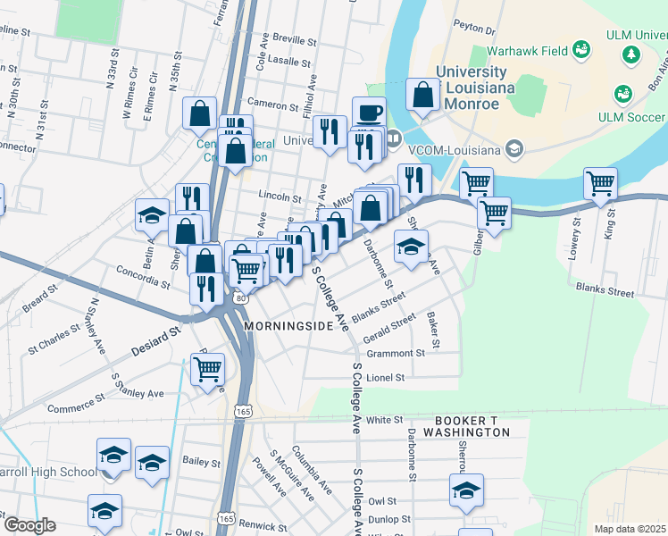 map of restaurants, bars, coffee shops, grocery stores, and more near 3807 Spurgeon Drive in Monroe