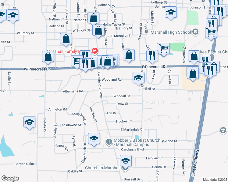 map of restaurants, bars, coffee shops, grocery stores, and more near 207 Hillcrest Terrace in Marshall