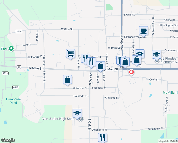 map of restaurants, bars, coffee shops, grocery stores, and more near 110 North Oak Street in Van