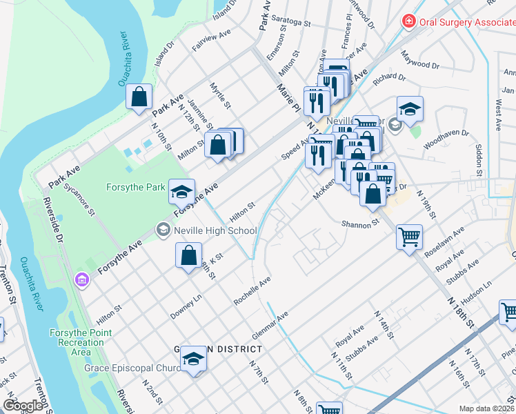 map of restaurants, bars, coffee shops, grocery stores, and more near 1105 Hilton Street in Monroe