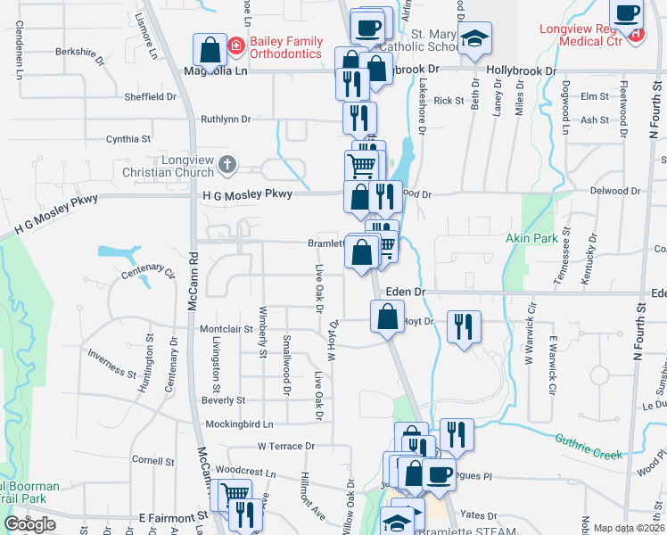 map of restaurants, bars, coffee shops, grocery stores, and more near 2304 Live Oak Drive in Longview