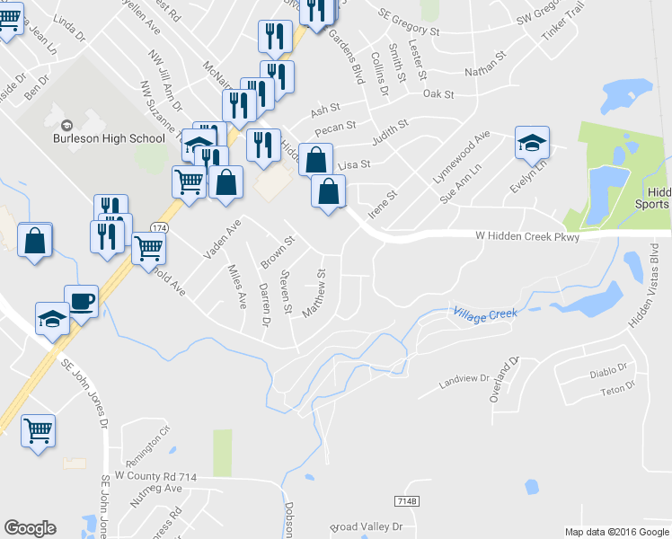 map of restaurants, bars, coffee shops, grocery stores, and more near 946 Irene Street in Burleson