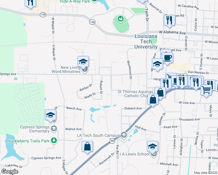 map of restaurants, bars, coffee shops, grocery stores, and more near 506 University Boulevard in Ruston
