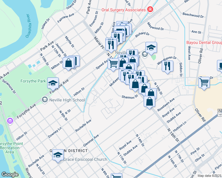 map of restaurants, bars, coffee shops, grocery stores, and more near 1700 McKeen Place in Monroe