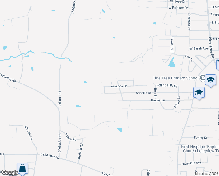 map of restaurants, bars, coffee shops, grocery stores, and more near 1309 America Drive in Longview