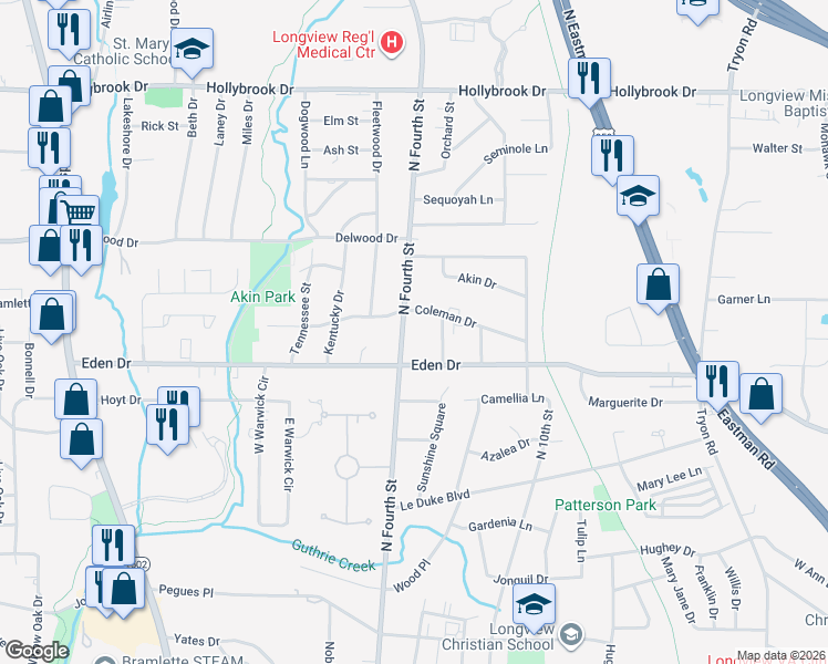 map of restaurants, bars, coffee shops, grocery stores, and more near 2208 North Fourth Street in Longview
