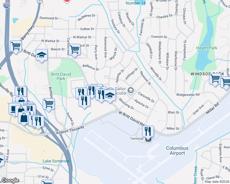 map of restaurants, bars, coffee shops, grocery stores, and more near 3091 Mustang Drive in Columbus