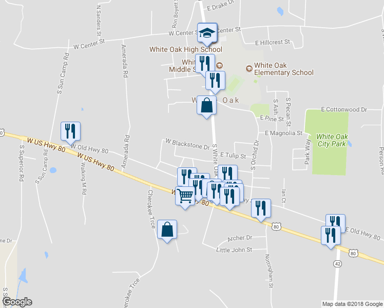 map of restaurants, bars, coffee shops, grocery stores, and more near 111 West Reynolds Street in White Oak