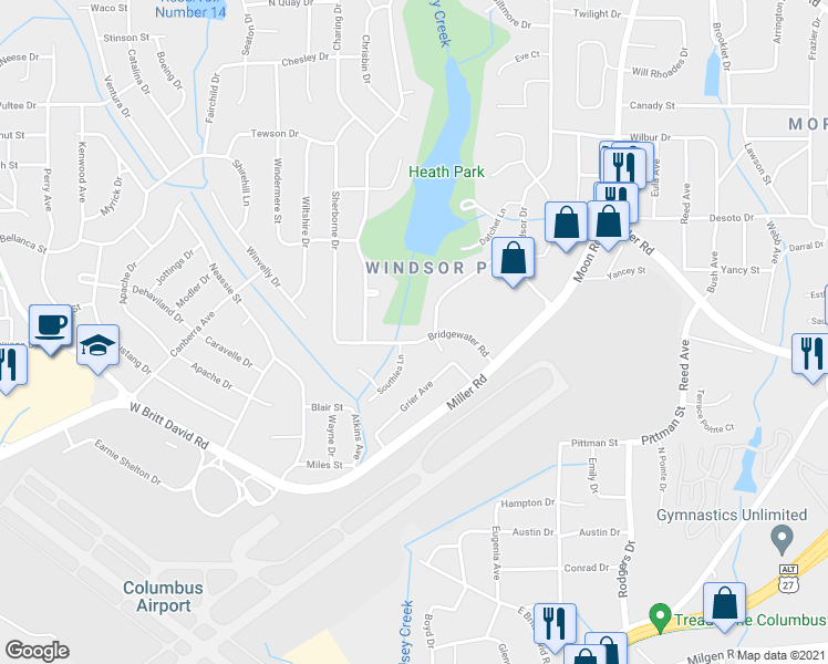 map of restaurants, bars, coffee shops, grocery stores, and more near 3713 Bridgewater Road in Columbus