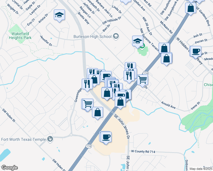map of restaurants, bars, coffee shops, grocery stores, and more near 200 Northwest John Jones Drive in Burleson