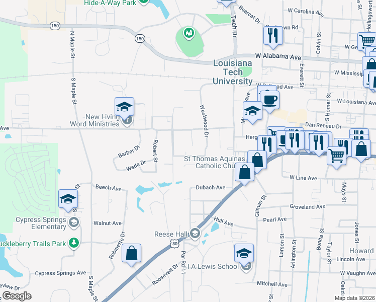 map of restaurants, bars, coffee shops, grocery stores, and more near 401-505 University Boulevard in Ruston