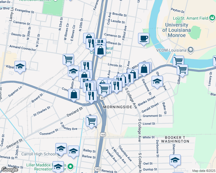 map of restaurants, bars, coffee shops, grocery stores, and more near 3500 Concordia Street in Monroe