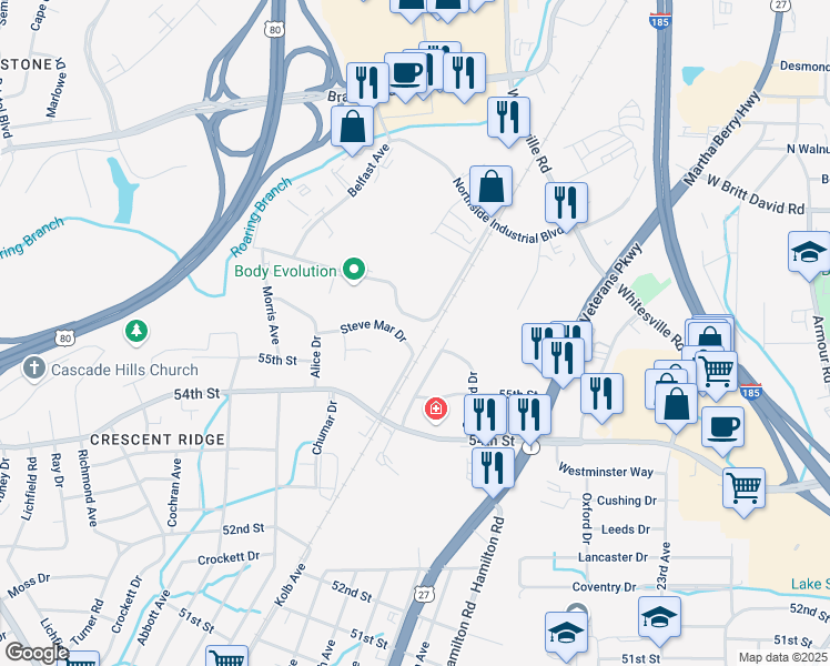 map of restaurants, bars, coffee shops, grocery stores, and more near 1153 Steve Mar Drive in Columbus