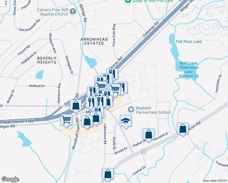 map of restaurants, bars, coffee shops, grocery stores, and more near Gunboat Drive in Columbus